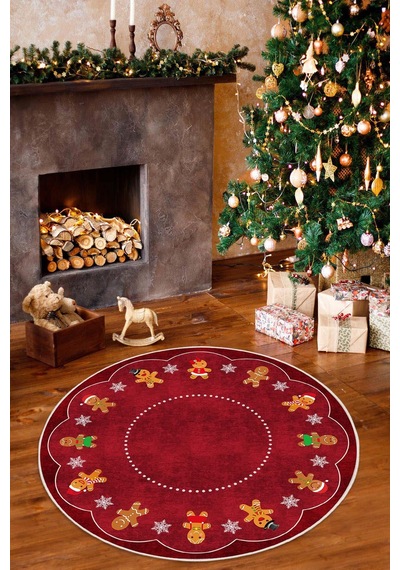 Yılbaşı Konseptli Gingerbread Desenli Yuvarlak Yıkanabilir Kaymaz Dijital Baskı Halı Kırmızı