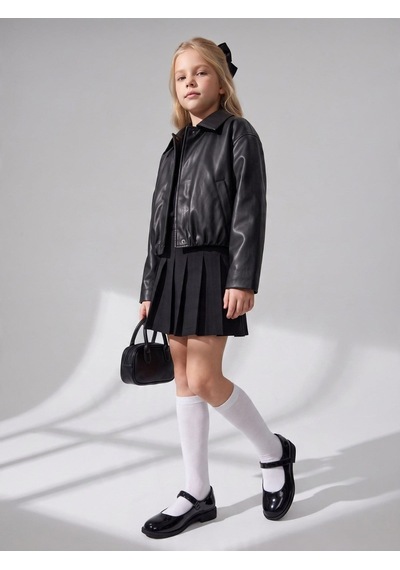 Zekids Kız Çocuk Bomber Deri Ceket-17593 Siyah