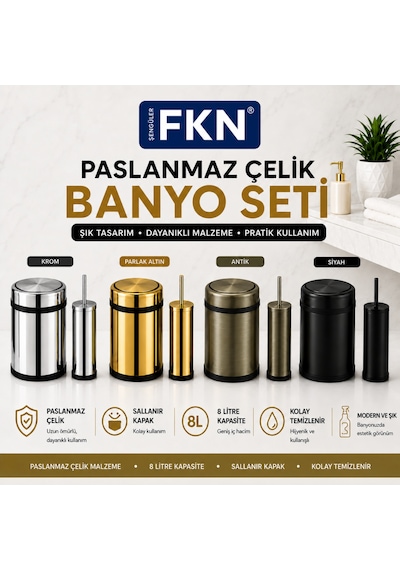 Fkn Krom Banyo Çöp Kovası Ve Klozet Fırçası Seti Paslanmaz Çelik 8 Litre