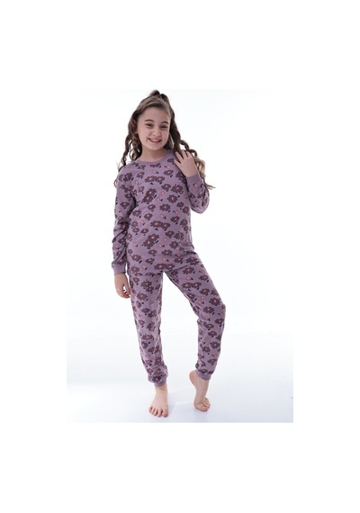 Kız Çocuk Çiçek Desenli Pamuklu Pijama Takımı 8-13 Yaş Rahat Uyku Takımı Mor