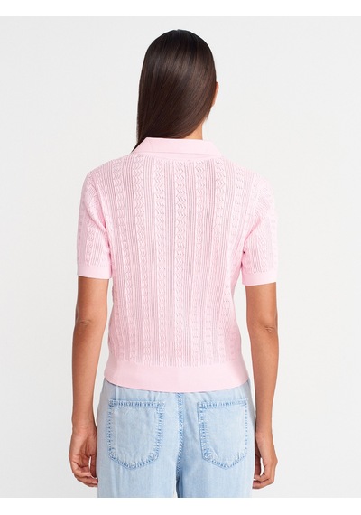 Dilvin 10781 Polo Yaka Düğmeli Ajurlu Triko Bluz-pembe Pembe