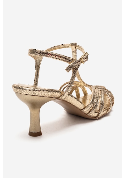 Luvishoes Felip Altın Desenli Bantlı Kadın Kısa Topuklu Ayakkabı Altın
