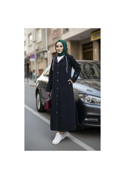 Hb Harma Time Butik Kadın Cepli Düğmeli Kapüşonlu Denim Siyah Trençkot Siyah Siyah