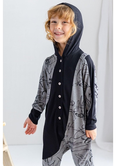 Oliven The Kid Oliventhekid Siyah Gri Ince Triko Geometrik Desenli Kapişonlu Önden Düğmeli Kışlık Unisex Çocuk Tulum Bej Bej