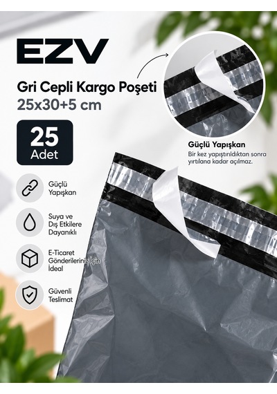 Gri Cepli Kargo Poşeti 25x30+5 Cm 25 Adet Yapışkanlı, Şeffaf Evrak Cepli