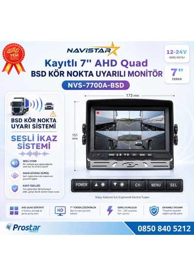 7 İnç Kayıtlı Ahd Quad Araç Monitörü - Sesli Bsd Kör Nokta Uyarılı, 12-24v, Rca Soketli