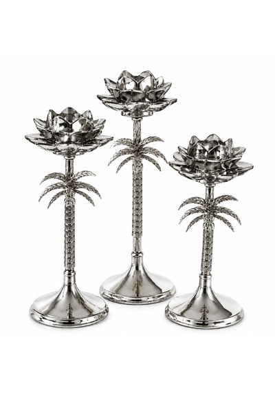 Palmiye Desenli Gümüş Renk Metal Lotus Mumluk 3'lü Şamdan Seti Dekoratif Mumluk