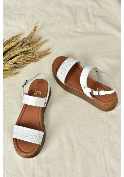 Fox Shoes Beyaz Hakiki Deri Örgü Modelli Günlük Kadın Sandalet