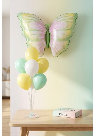 Sarı Yeşil Kelebek Balon Stand Seti Şeffaf 7 Li Stand + Sarı Yeşil Kelebek Folyo Balon 82 52 Cm + 7 Lateks Balon Sarı - Yeşil