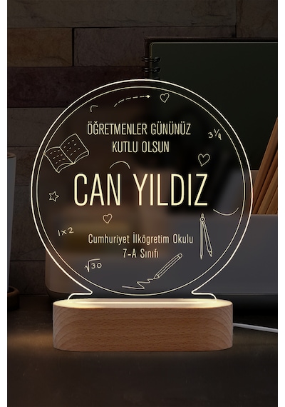 Öğretmenler İçin Kişiye Özel Led Gece Lambası Masif Ahşap Tabanlı Usb Kablolu Pleksi Led Gece Lambası