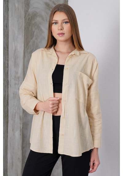 Paw Garage Kadın London Keten Tek Cepli Oversize Gömlek, Premium Kalite Keten Gömlek Taş