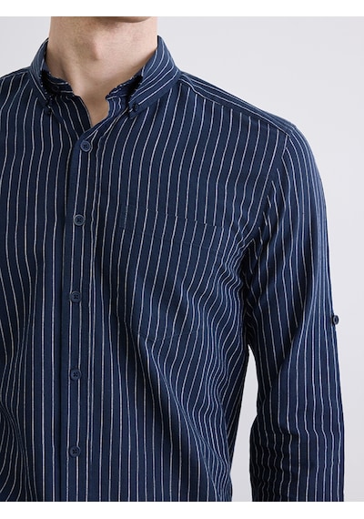 Lcwaıkıkı Classic Lacivert Regular Fit Çizgili Erkek Keten Karışımlı Gömlek