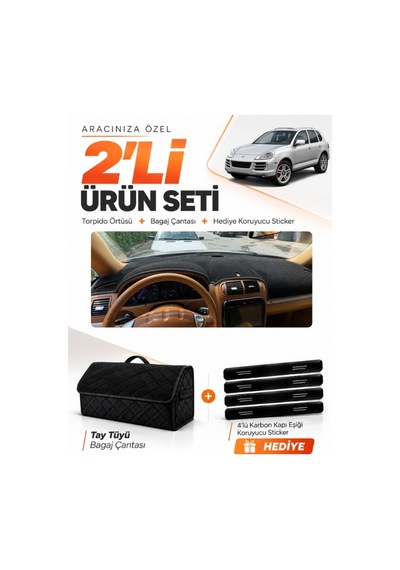 E-biz Porsche Cayenne 2002-2010 Uyumlu Torpido Örtüsü + Tay Tüyü Bagaj Çantası - Siyah - Po001