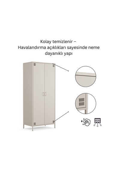 Pera Metal Elbise Dolabı, Soyunma Dolabı, İki Kapılı, 80,50 X 50 X 189,50 Cm Bej