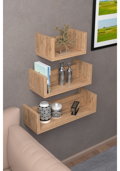U Duvar Rafı Ceviz 43 Cm Sarı