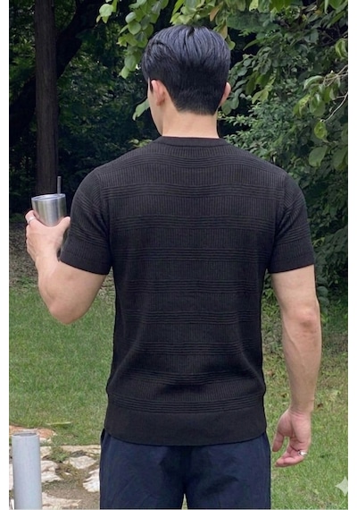 Tarz Cool Fitilli Triko Tişört Erkek Slim Fit Yazlık Premium Basic Üst Siyah