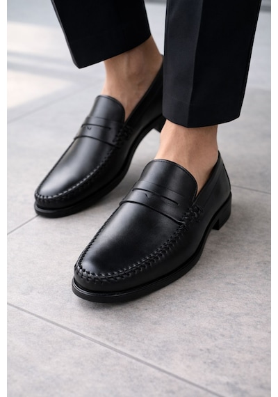 Muggo Vogayer Hakiki Deri Erkek Günlük Klasik Loafer Ayakkabı Siyah