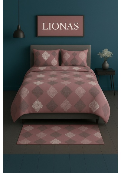 Lionas Çift Kişilik Desenli Nevresim + 2 Adet Kapaklı Yastık Kılıfı GÜL KURUSU