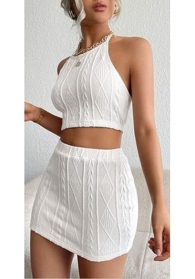 Dogutrend Kadın Sıfır Kol Crop Mini Etek Ikili Triko Takım Beyaz
