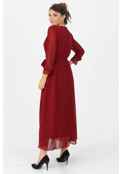 Neşeli Butik Kadın Kruvaze Yaka Bağlama Detaylı Yeni Sezon Uzun Şifon Elbise Kts003 Bordo