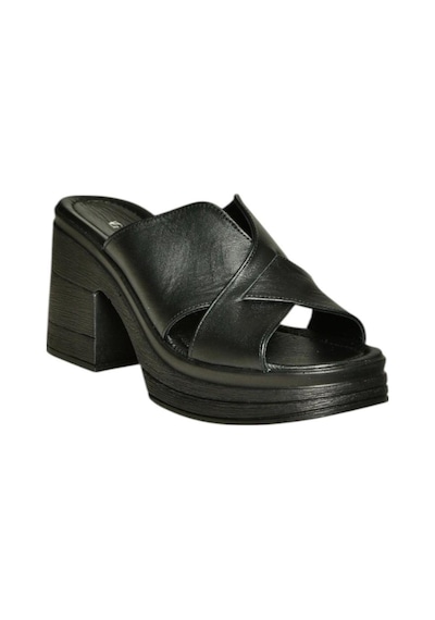 Fox Shoes U555931503 Siyah Hakiki Deri Kalın Topuklu Kadın Terlik Siyah-hakiki Deri