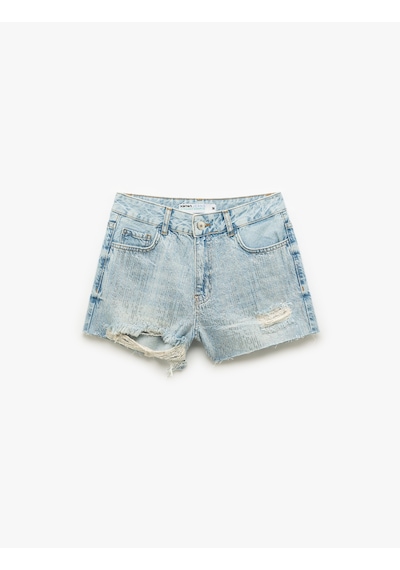 Koton Yüksek Bel Rahat Kesim Pamuklu Yırtık Mini Denim Şort Orta İndigo 5sal40003md Indigo