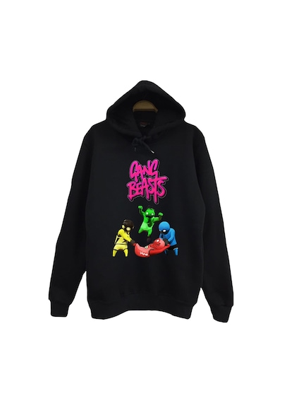 Gang Beasts Oyun Baskılı Unisex %100 Pamuk Siyah Kapüşonlu Sweatshirt Siyah