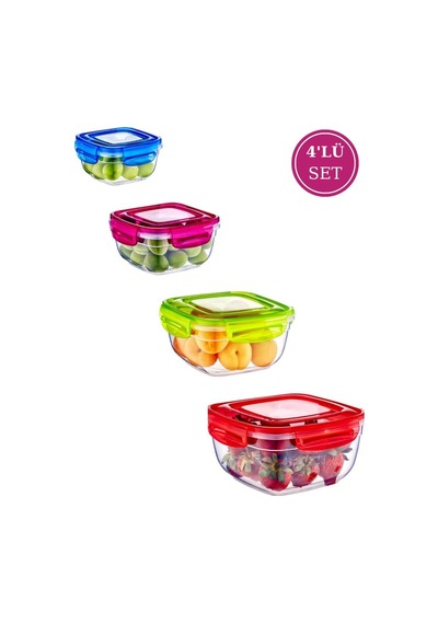 Flosoft Kilitli Kapaklı Kare Erzak Saklama Kabı 4’Lü Set 275 Ml500 Ml900 Ml1500 Ml Çok Renkli