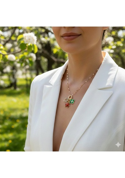 Lente Aksesuar Yonca, Uğurböceği, Nal Figürlü Çelik 14k Altın Rengi Charm Şans Kadın Kolye Gold