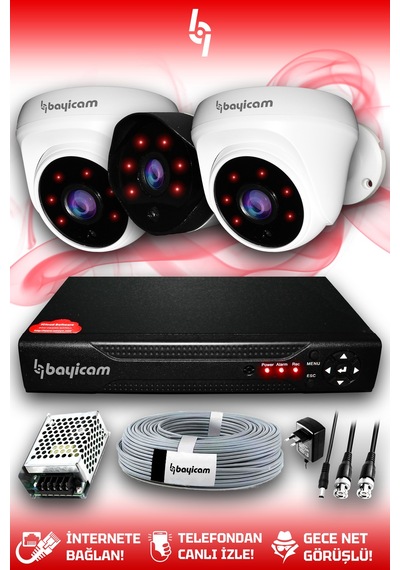 Bayicam 3 Kameralı Uzay 2 İç Kamera Set HDD'siz Full HD Gece Görüşlü Güvenlik Kamerası Sistemi