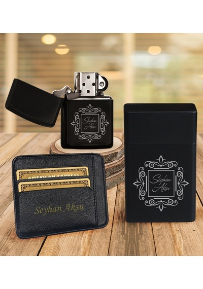 Kişiye Özel İsimli Kartlık Siyah Metal Sigara Tabakası ve Benzinli Çakmak