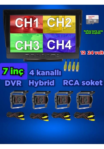 4 Adet Şapkalı Metal Kasa Ledli Kamera 7 İnç Hybrid 256 Gb Destekli Dvr Monitör - 12 24 Volt
