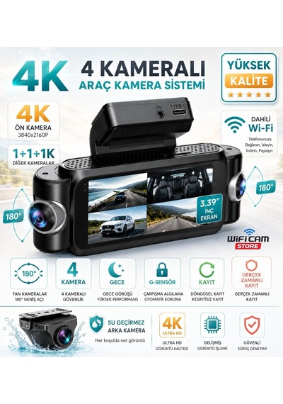 4 Kameralı 4k Yüksek Kalite Ekranlı Wifi Araç Kamerası