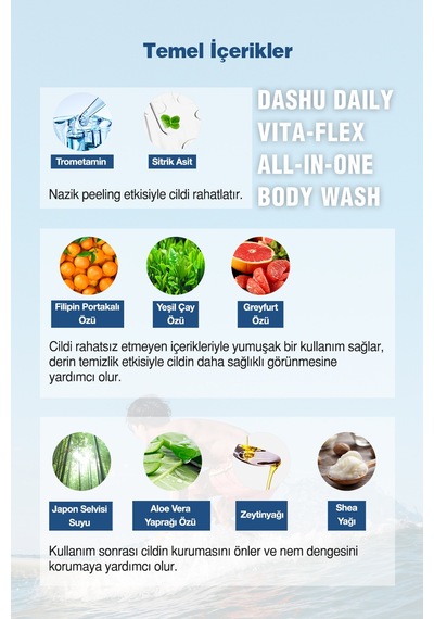 Saç Yüz Vücut İçin Hepsi Bir Arada Nemlendirici Duş Jeli Dashu Daily Vita-flex All In One Body Wash Narenciye