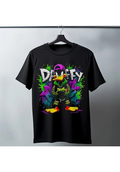 Freedom Store Daffy Duck Graffiti Baskılı Unisex Siyah Tişört - 24/1 Penye Pamuklu