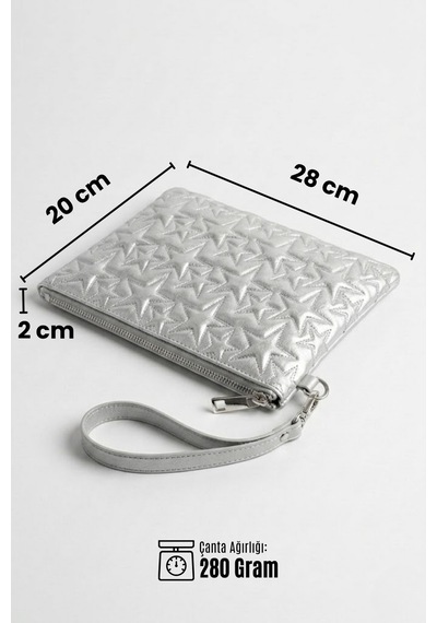 Gl-003 Yıldız Dikişli Kadın El Çantası Clutch Çanta Omuz Çantası Çapraz Çanta Pörtföy Çanta Gümüş GÜMÜŞ