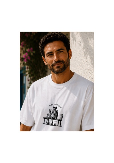 Qmen Style Unisex Beyaz Oversize Baskılı T-shirt Espirili Şans İskelet %100 Pamuk