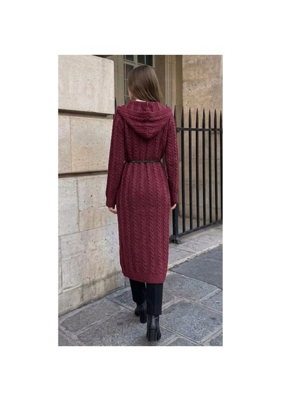 Onno Style Women Saç Örgü Triko Uzun Kadın Hırka Bordo