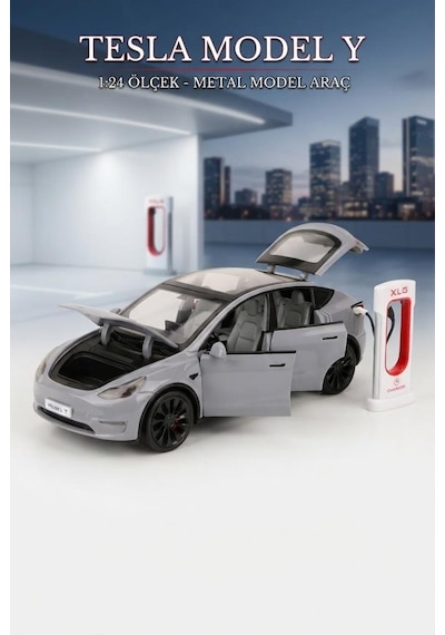 Tesla Model Y Model Şarj İstasyonlu Araç 1:24 Ölçek 6 Kapı Açılır Sesli, Işıklı Standlı Metal Araba Çok Renkli