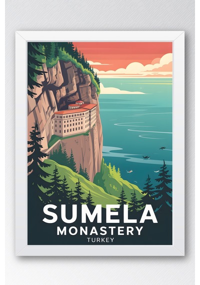 Sümela Manastırı Tablo - Retro Travel Poster - Trabzon Şehir Serisi Duvar Dekoru - Çerçeveli Poster Beyaz