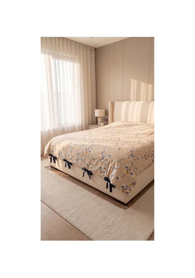 %100 Pamuk Çiçek Desenli Nevresim Yorgan Kılıfı 4 Lacivert Bağcıklı Çift Kişilik Ekru - 907810391 Ekru