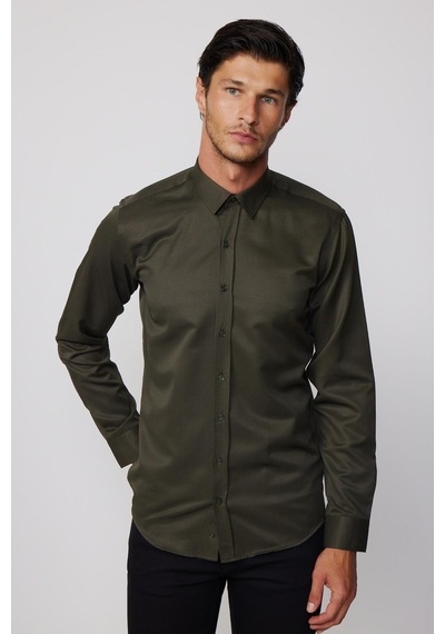 Tudors Modern Slim Fit Pamuklu Kolay Ütü Armürlü Haki Erkek Gömlek - Tudors-28352-haki Haki