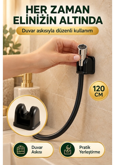 Siyah Taharetmatik Hortum 120 Cm Perlatörlü Uç Duvar Askılı Esnek Banyo Tuvalet Taharet Hortumu Seti