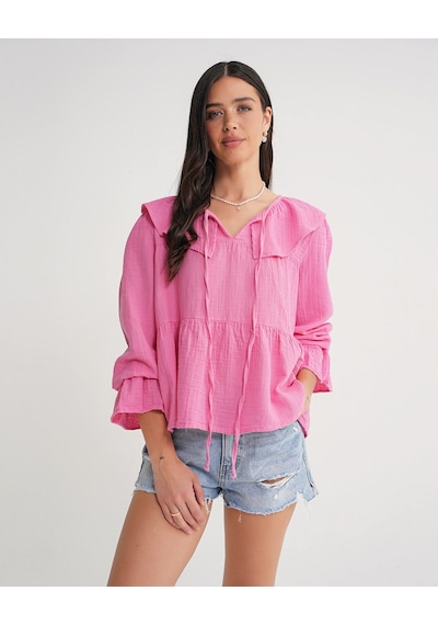 Mixray 4714 Kadın Yakası Volanlı Bol Müslin Bluz Pembe