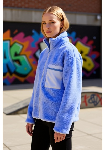 Benerly Kadın Dik Yaka Düşük Kol Tam Fermuarlı Peluş Sweatshirt Fonksiyon Açık Mavi