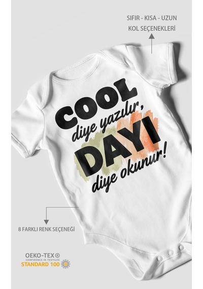 Morivokids Cool Diye Yazılır Dayı Diye Okunur Kısa Kollu Bebek Body %100 Pamuk Beyaz
