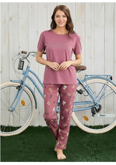 Pijamoni Kadın Milan Bisiklet Yaka Kısa Kol İnce Pijama Takımı 7605/46 - 1 Adet Nar