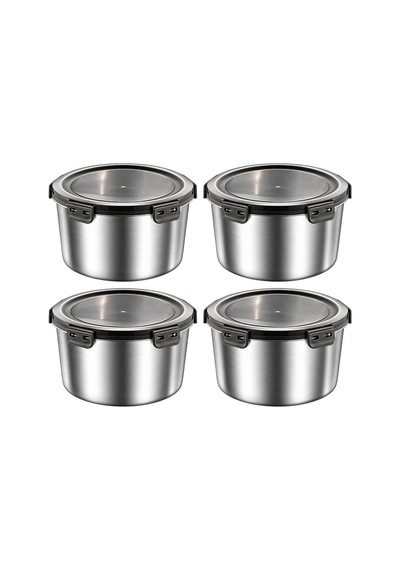 4 Adet 304 Çelik 1100 Ml Yuvarlak Yemek Meyve Et Buzdolabı Beslenme Saklama Kabı Mt325-4 Gri