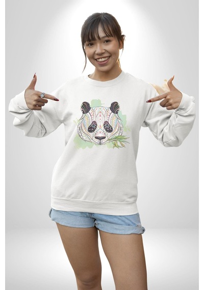 Panda Mandala Unisex Beyaz Baskılı Sweatshirt Beyaz