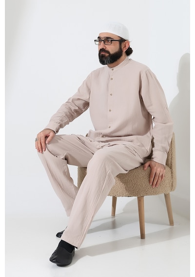 Erkek Müslin Hakim Yaka Gömlek Pantolon İkili Takım, Modern Hac Umre Kıyafeti - Krem Vşn Krem